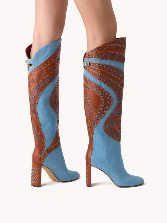 trendy elegant knee high denim and leather patchwork boots