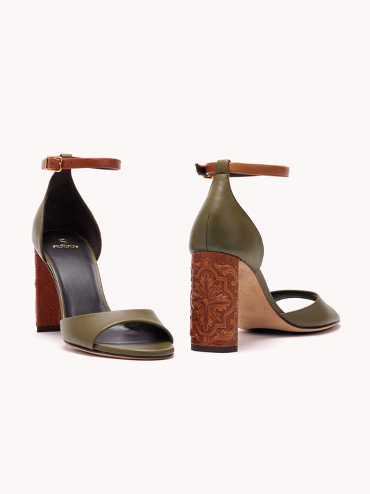 Elegant leather khaki sandals with high-heel embossed skorpios