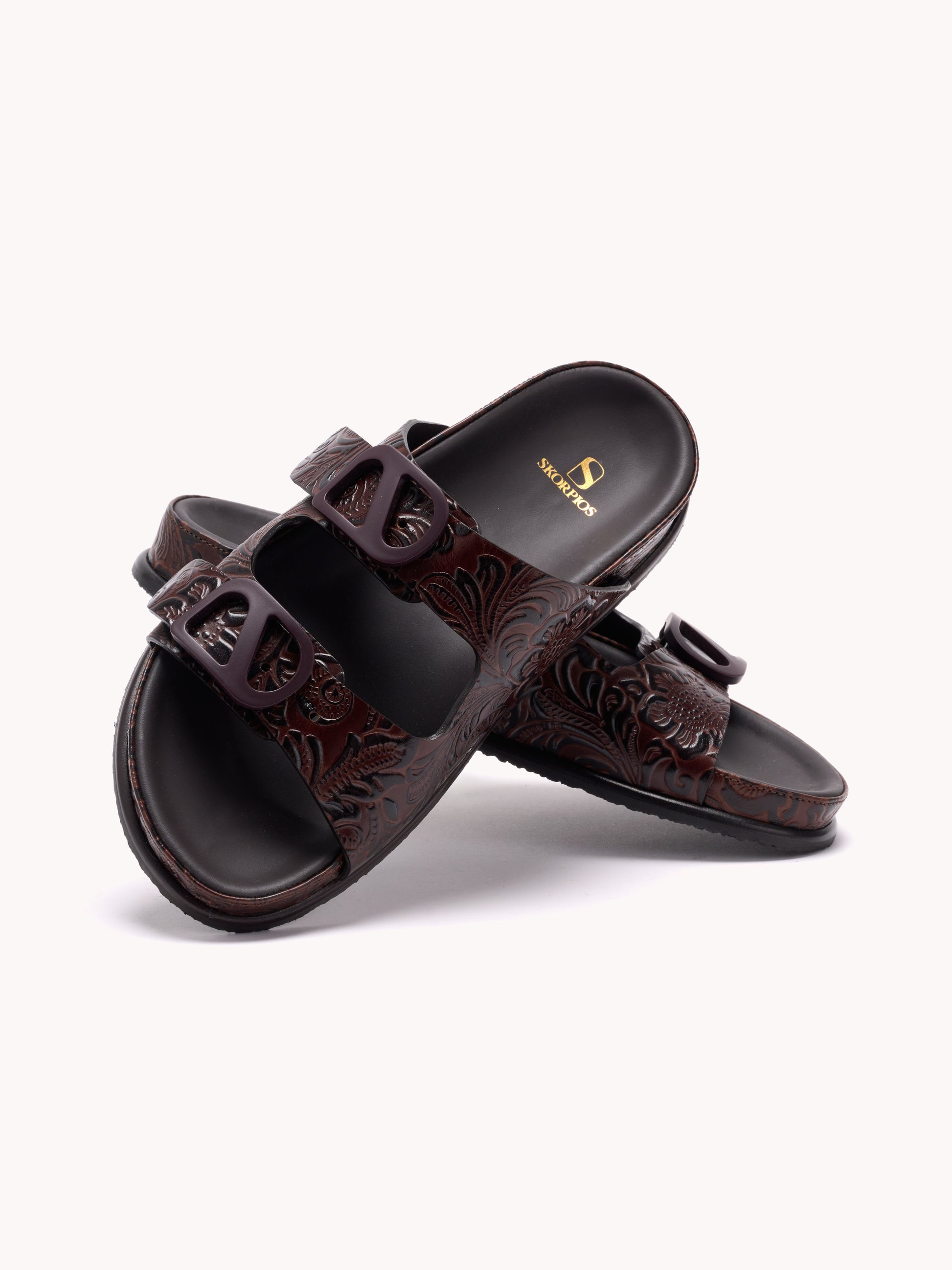 embossed brown leather flat sandals skorpios