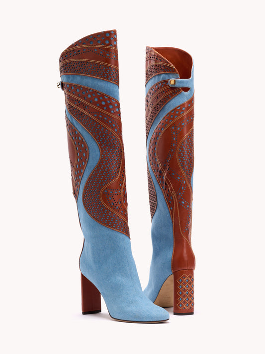 Denim and leather patchwork boots high-heel skorpios
