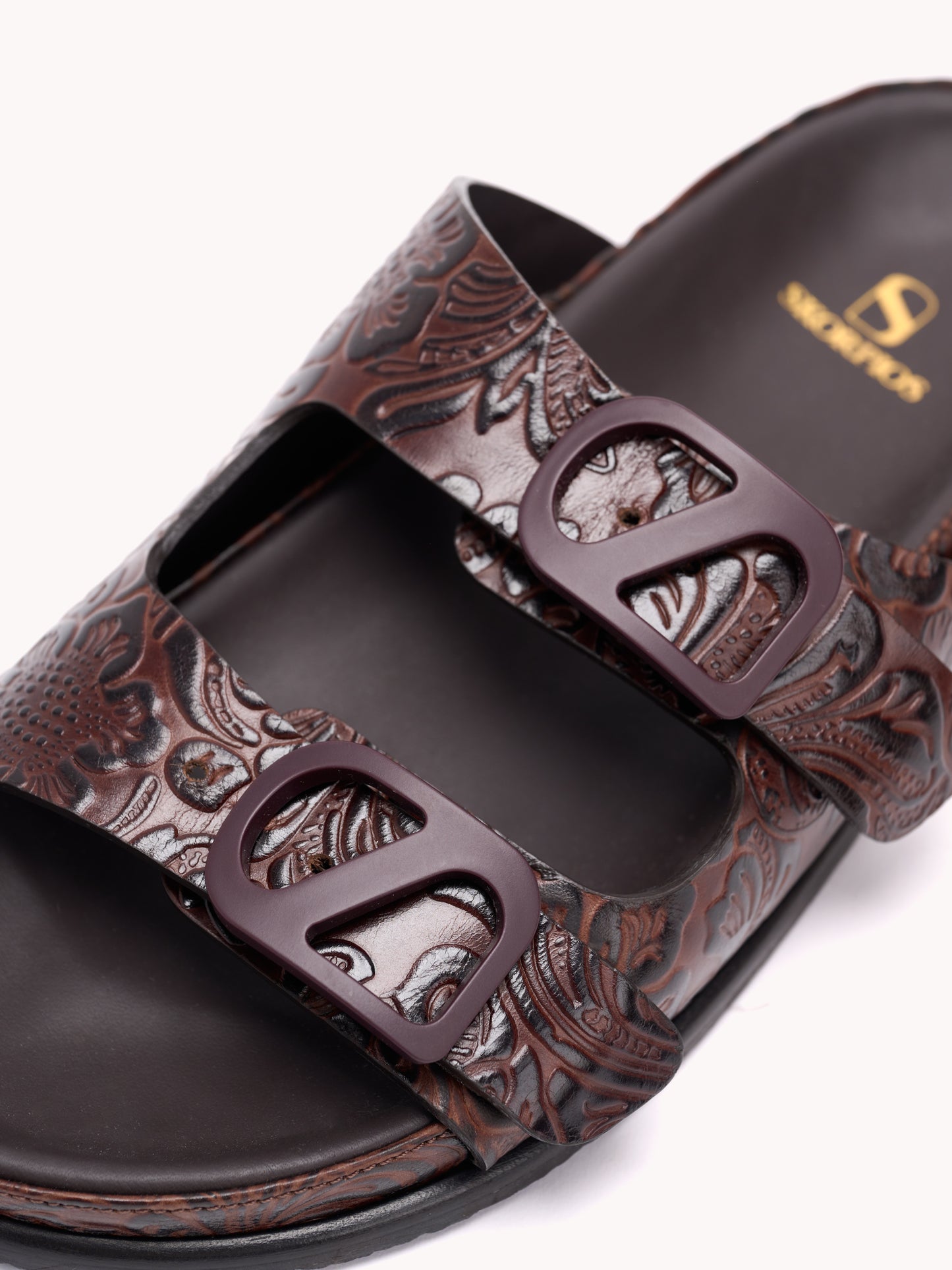 original embossed brown leather flat sandals skorpios