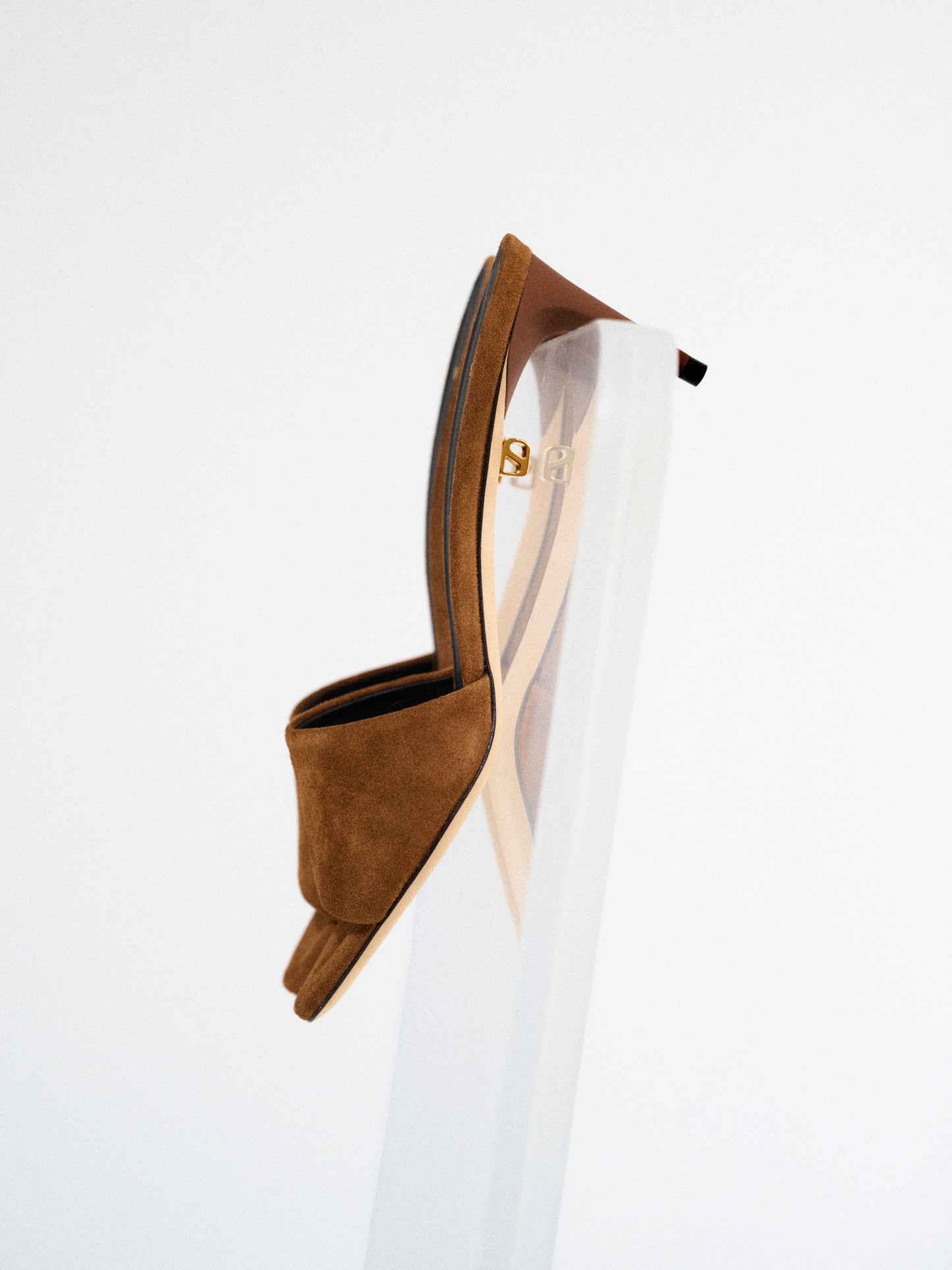 brown suede mules mid height heels maison skorpios by adriana abascal emanuele filiberto