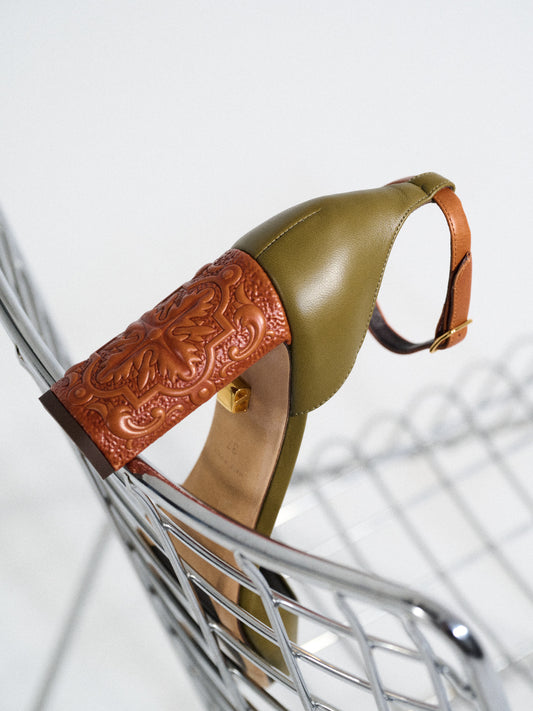 high-heel leather khaki sandals with embossed motifs skorpios