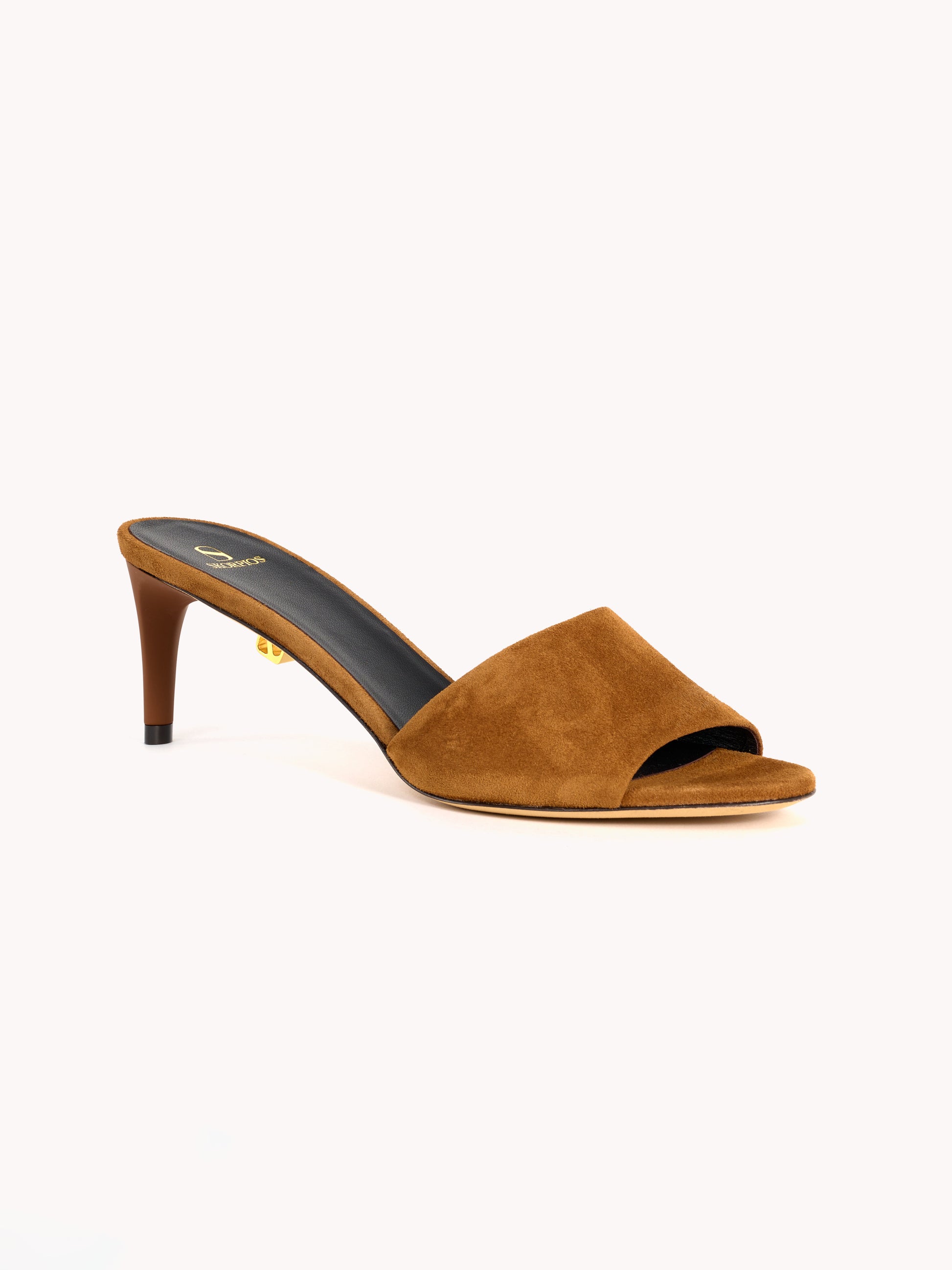 cognac suede mules mid-heel stiletto skorpios