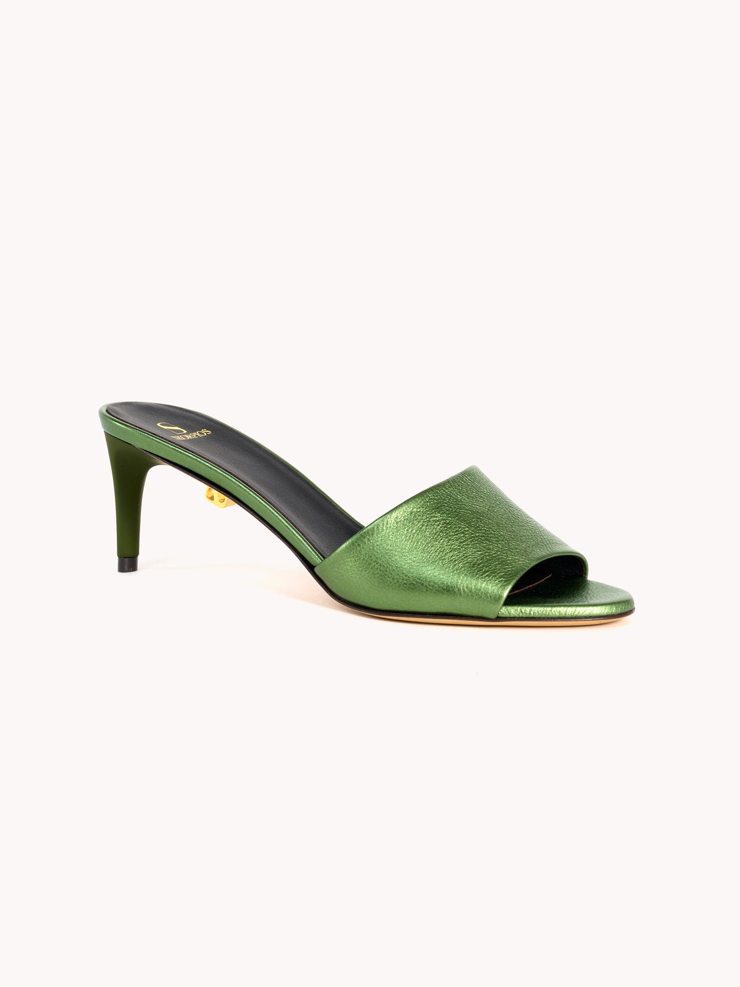 effortless chic mules metallic green leather mid-heel stiletto skorpios 