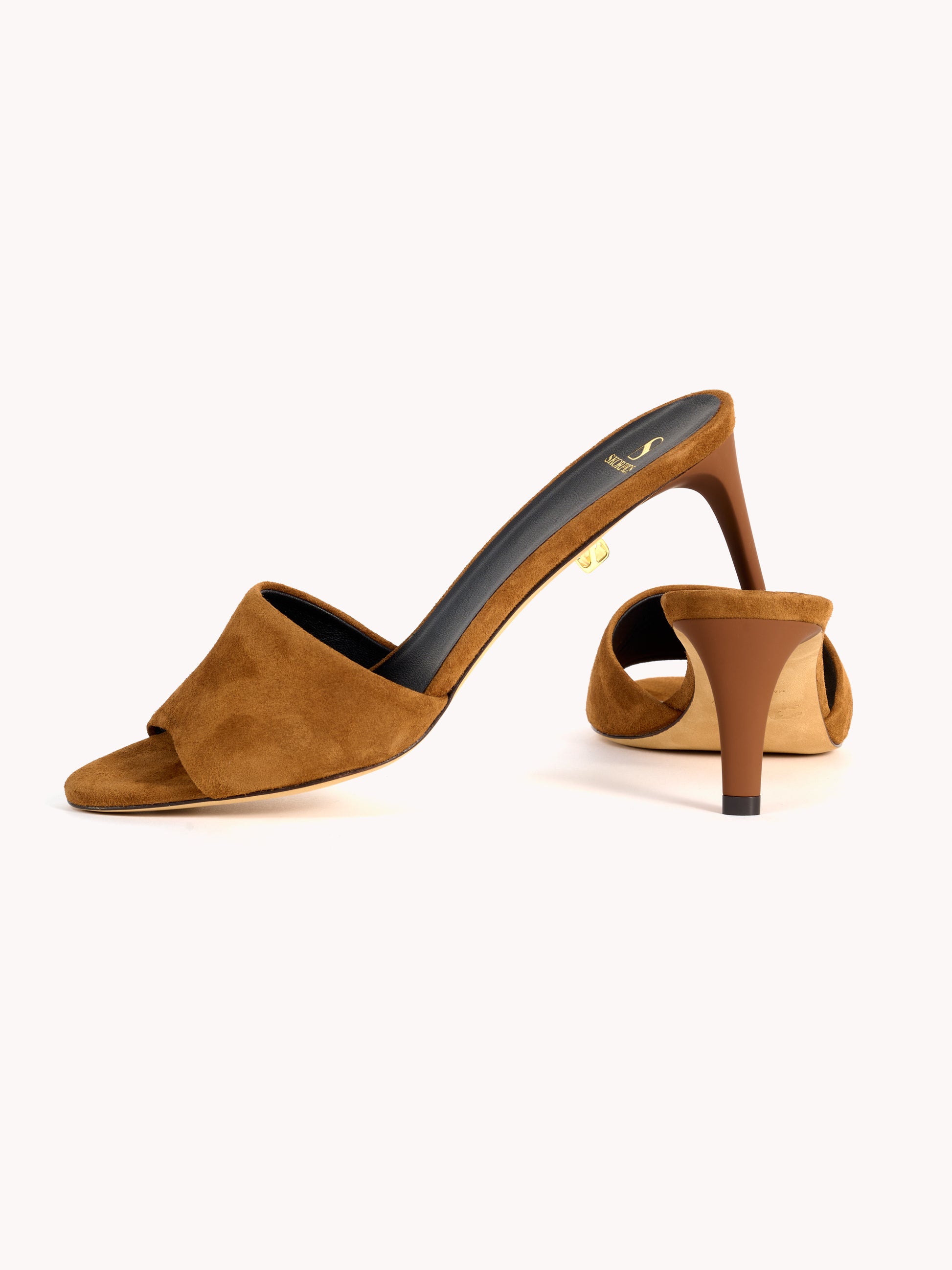 effortless chic mid-heel stiletto cognac suede mules skorpios