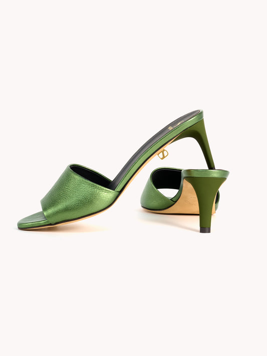 mid-heel stiletto mules green metallic leather skorpios