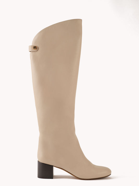 white mid heel leather boots for women maison skorpios by adriana abascal emanuele filiberto