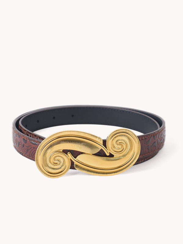 erplain_file_id:765615 - Feather belt in pecan brown floral embossed leather