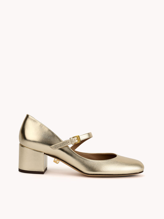 Babies Jane en cuir doré et talons bloc moyen - Maison Skorpios par Adriana Abascal