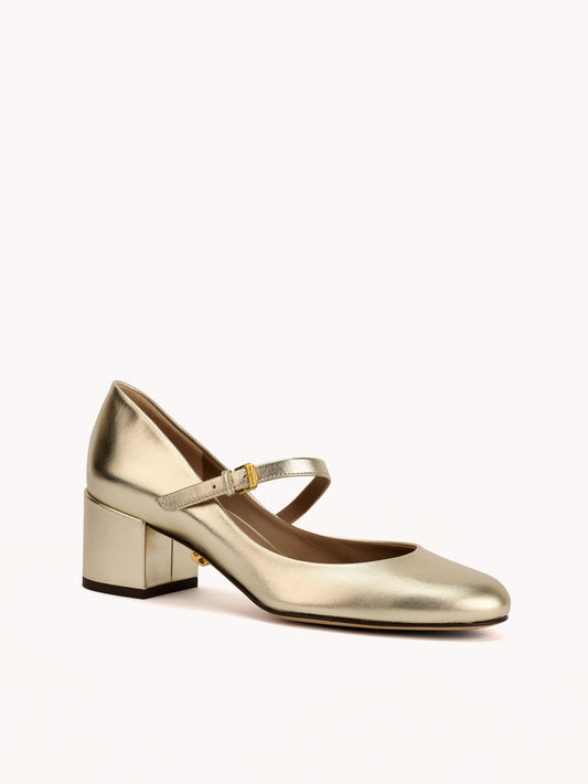 Babies Jane en cuir doré et talons bloc moyen - Maison Skorpios par Adriana Abascal