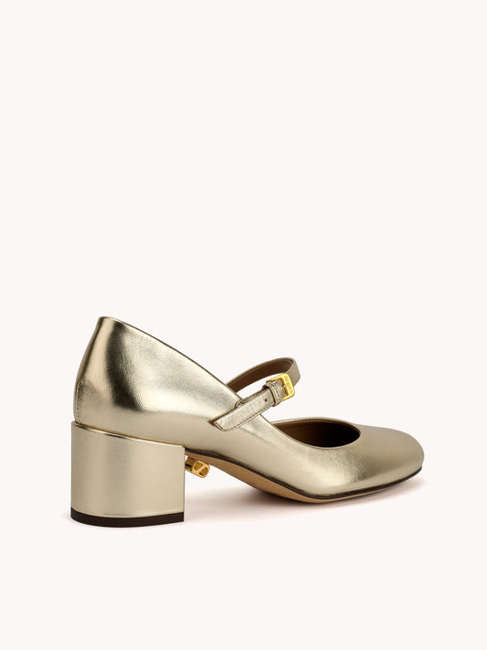 Babies Jane en cuir doré et talons bloc moyen - Maison Skorpios par Adriana Abascal