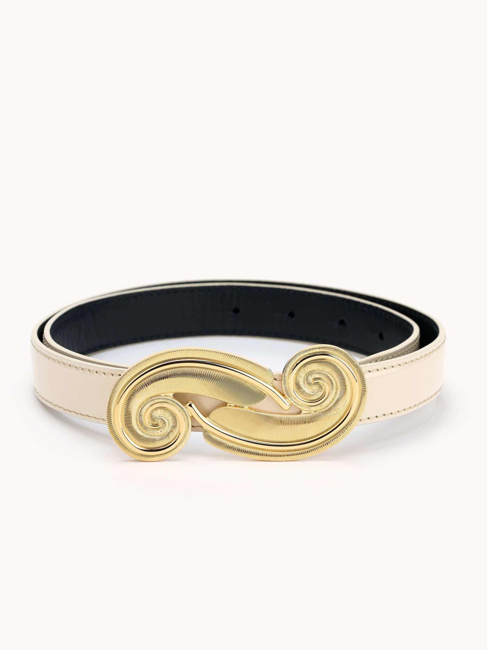 Luxury belt for women in beige cream shiny leather and feather gold brass buckle Maison Skorpios by Adriana Abascal