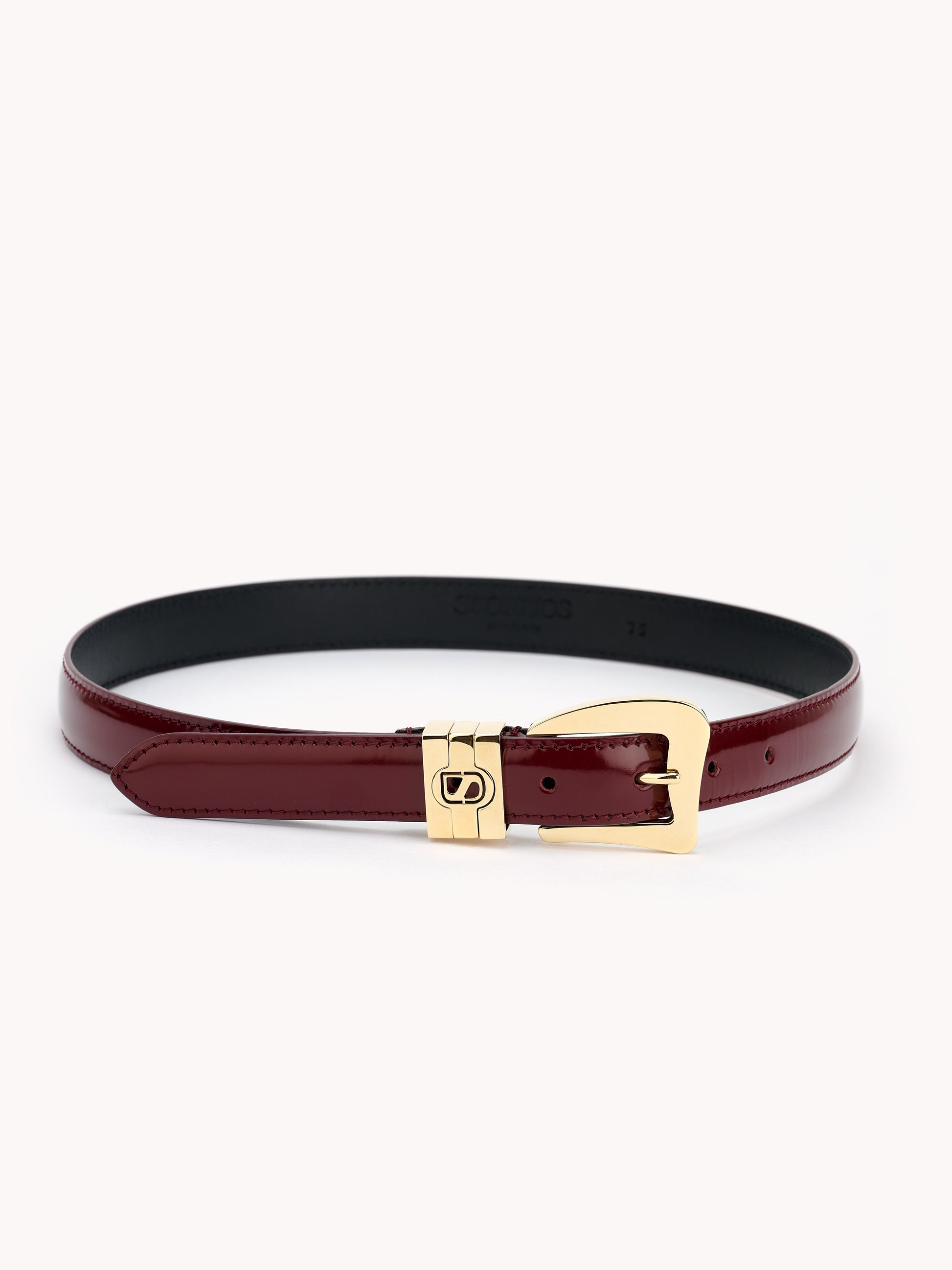 Glossy burgundy belt in luxury calf leather Maison Skorpios By Adriana Abascal