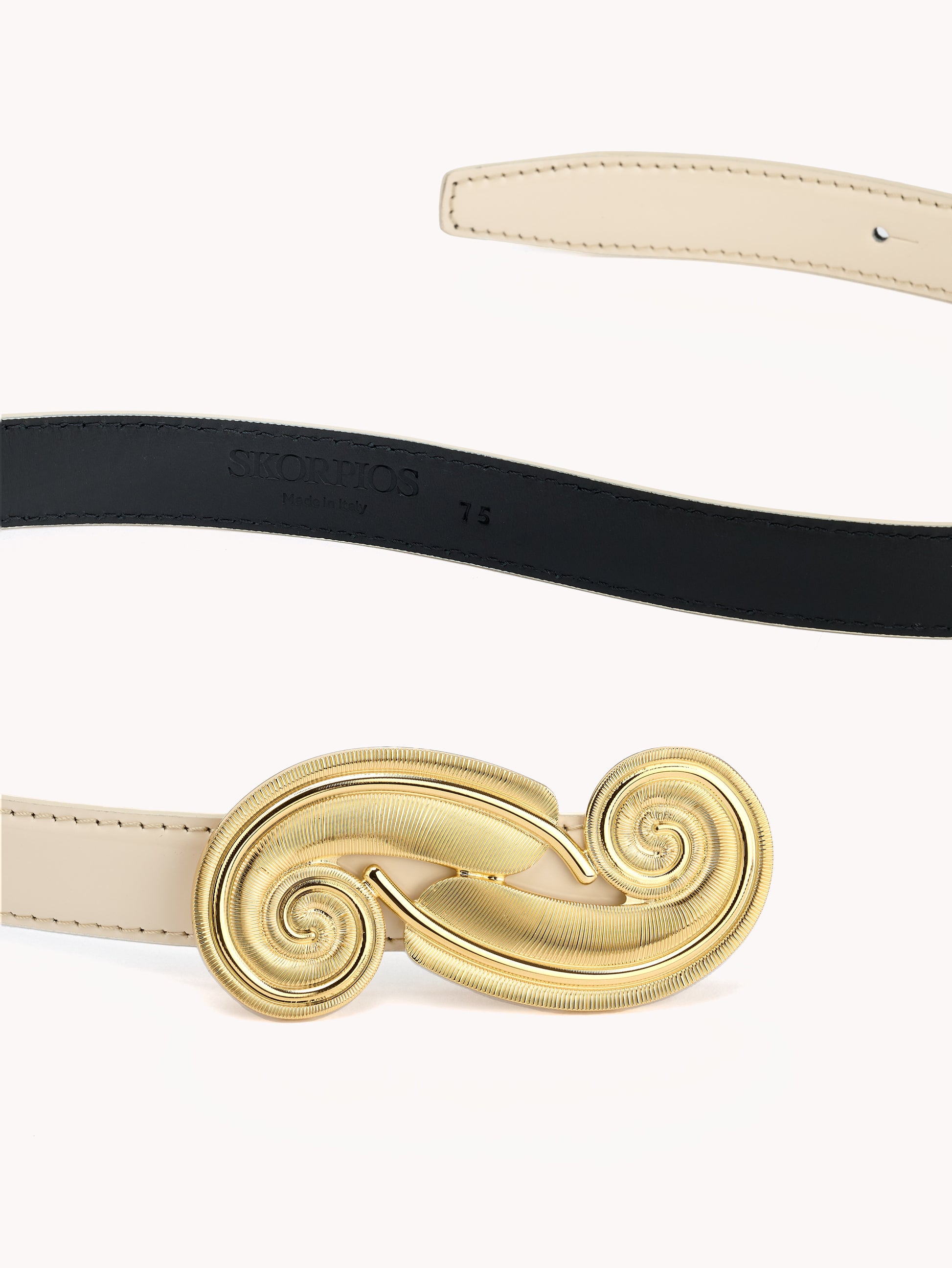 original feather belt for women luxury glossy beige calf leather Maison Skorpios by Adriana Abascal