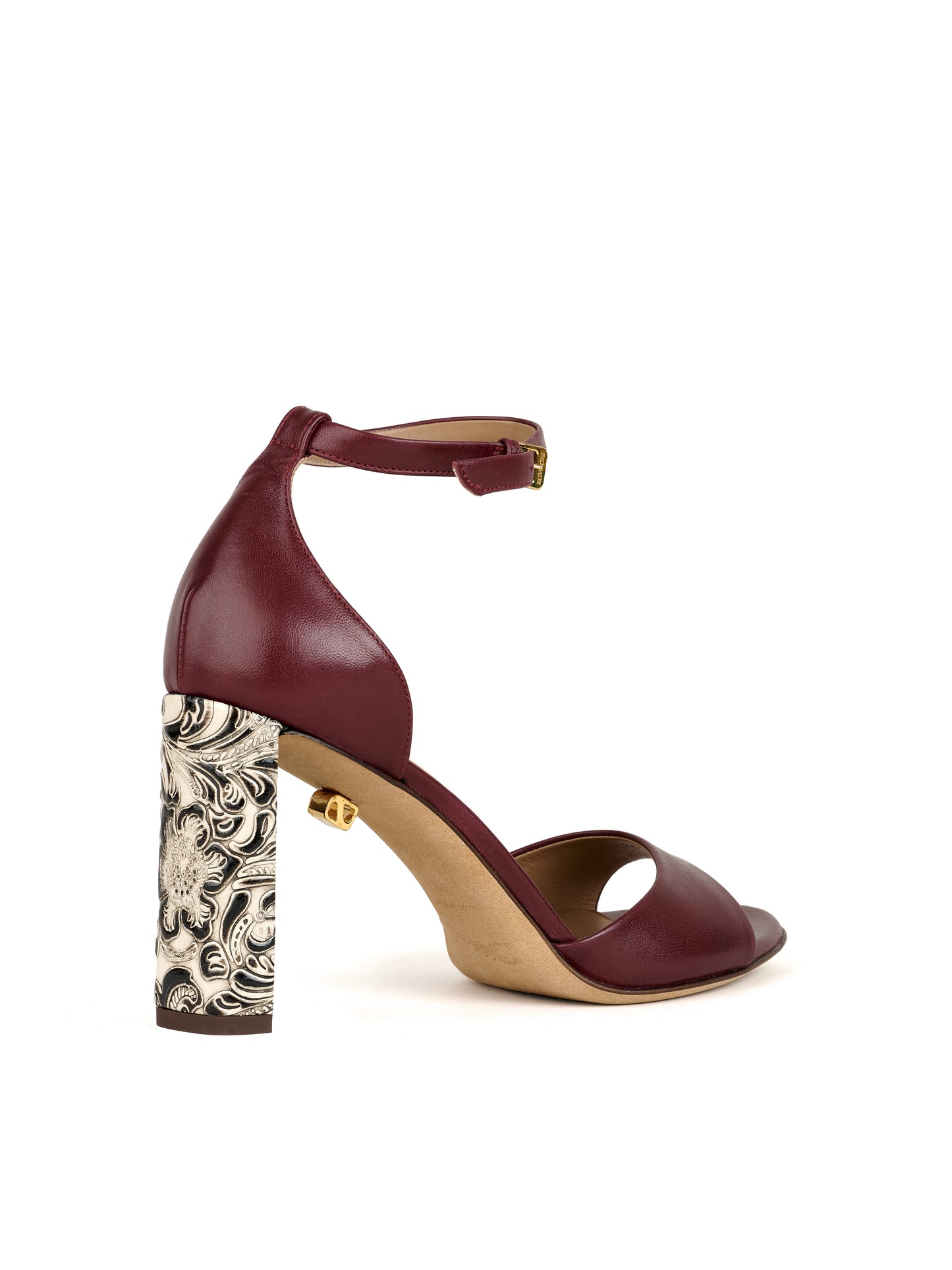 Valentina burgundy leather sandals with embossed high heels - Maison Skorpios by Adriana Abascal