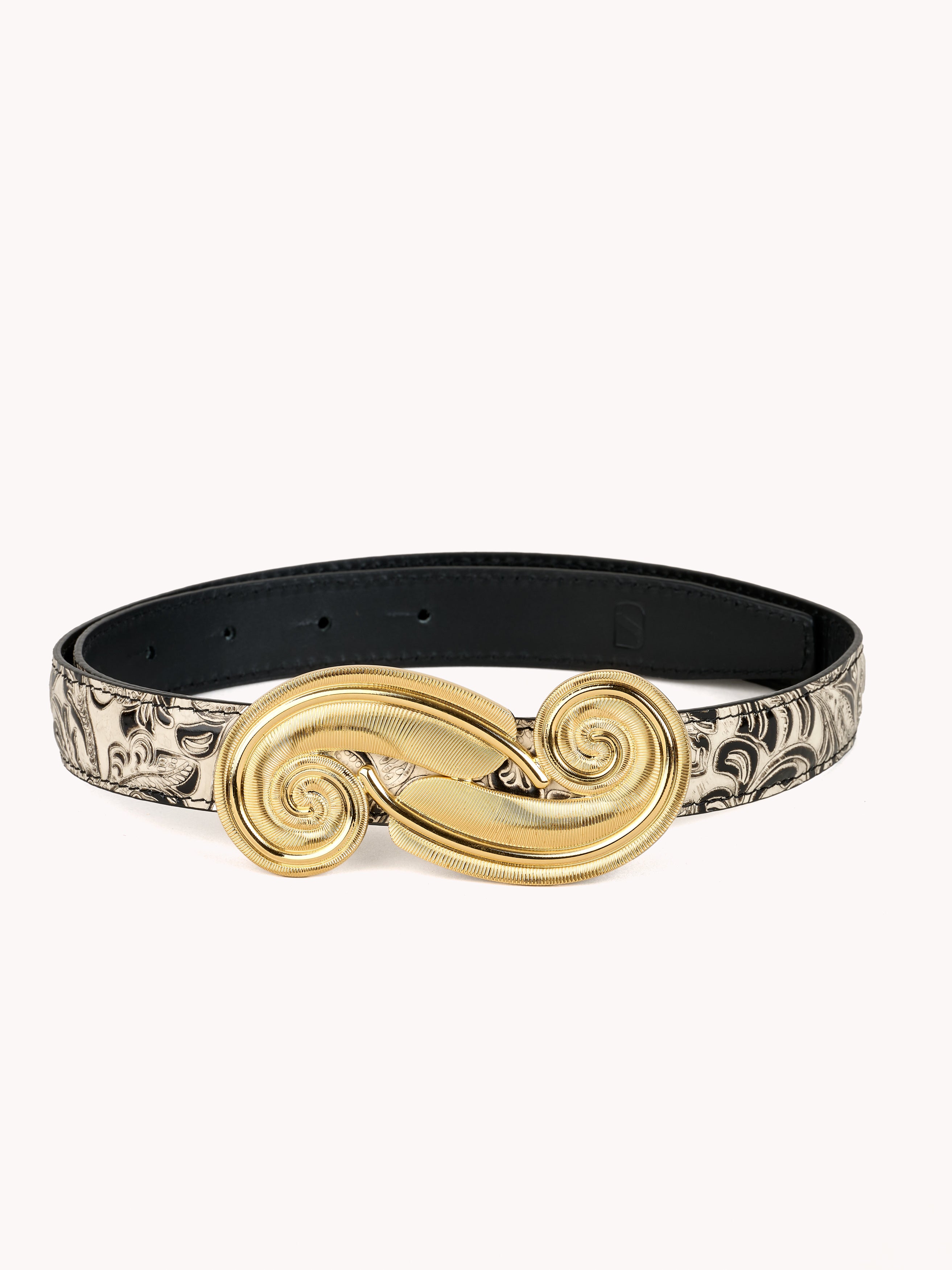 Ceinture Plume en cuir floral embossé noir et blanc Charro Borgia - Maison Skorpios par Adriana Abascal