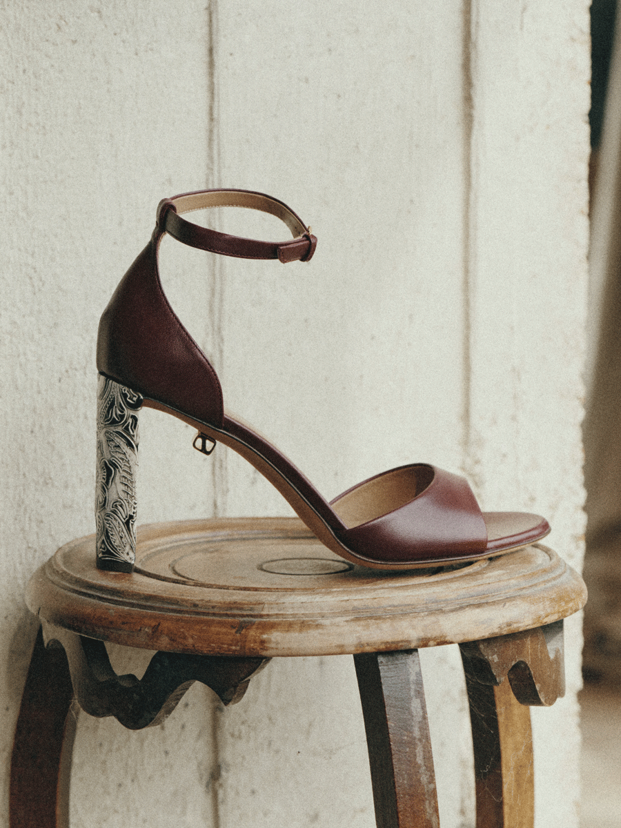 Valentina burgundy leather sandals with embossed high heels - Maison Skorpios by Adriana Abascal