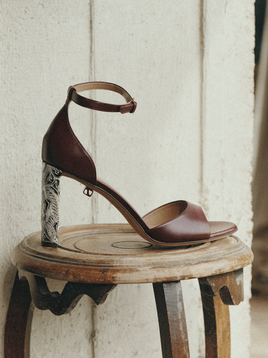 Valentina burgundy leather sandals with embossed high heels - Maison Skorpios by Adriana Abascal