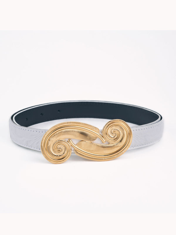 Ceinture Plume en cuir floral embossé blanc Charro Borgia - Maison Skorpios par Adriana Abascal