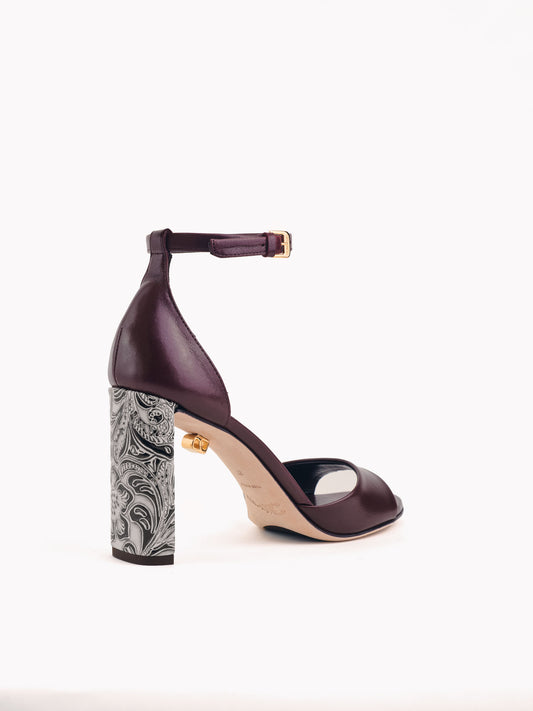 Valentina burgundy leather sandals with embossed high heels - Maison Skorpios by Adriana Abascal