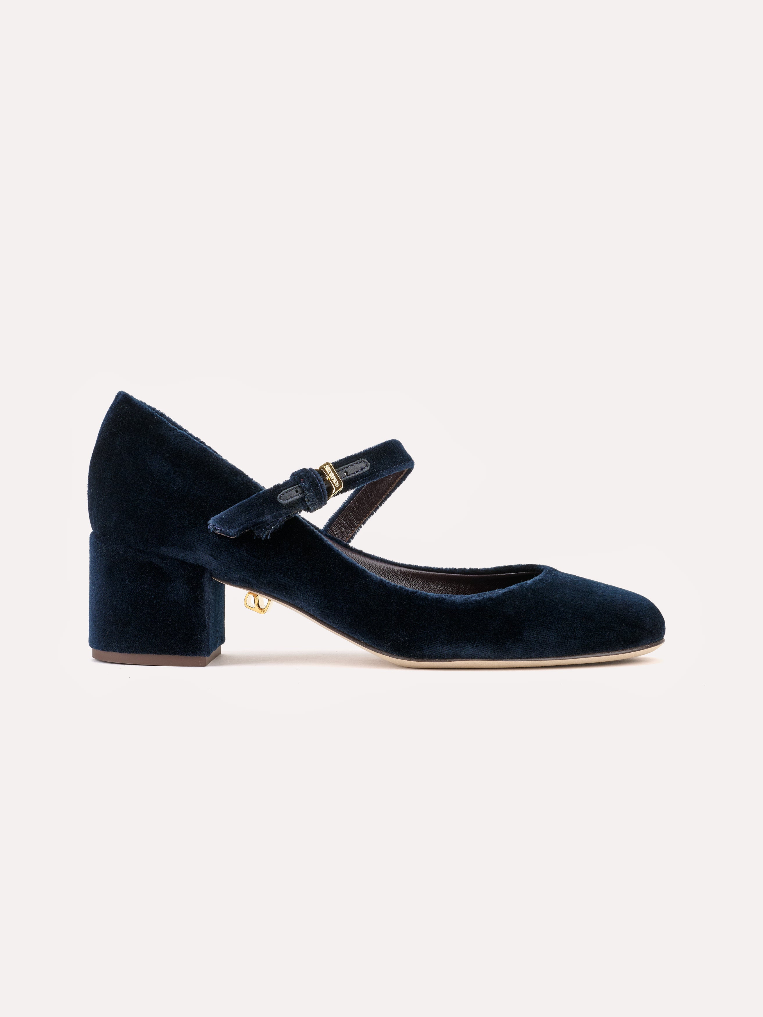 Babies Jane en velours bleu nuit et talons bloc moyen - Maison Skorpios par Adriana Abascal