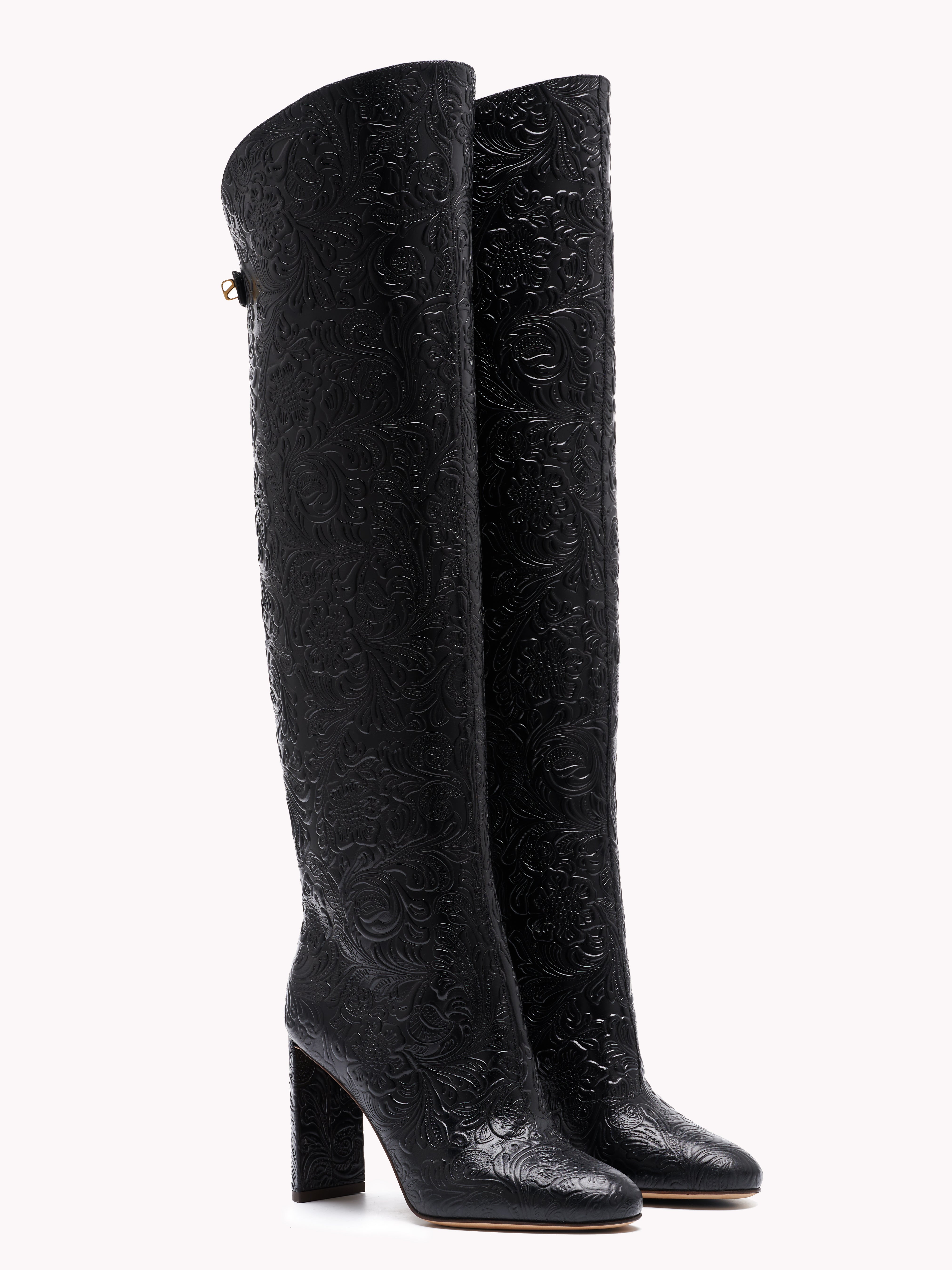 Black floral leather boots by adriana abascal Emanuele filiberto