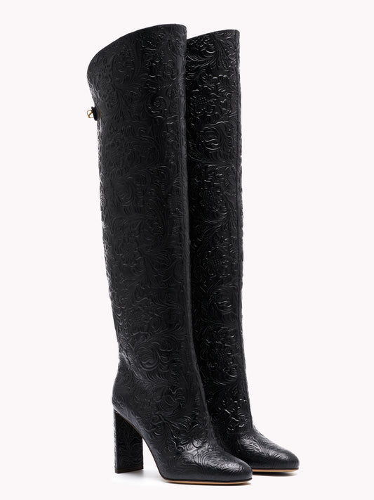 Black floral leather boots by adriana abascal Emanuele filiberto
