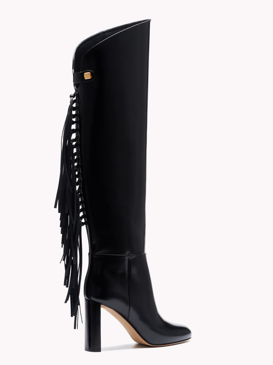 Fringe boots, designer boots, black leather high-heels, Adriana Abascal, Emmanuel de Savoie, luxe