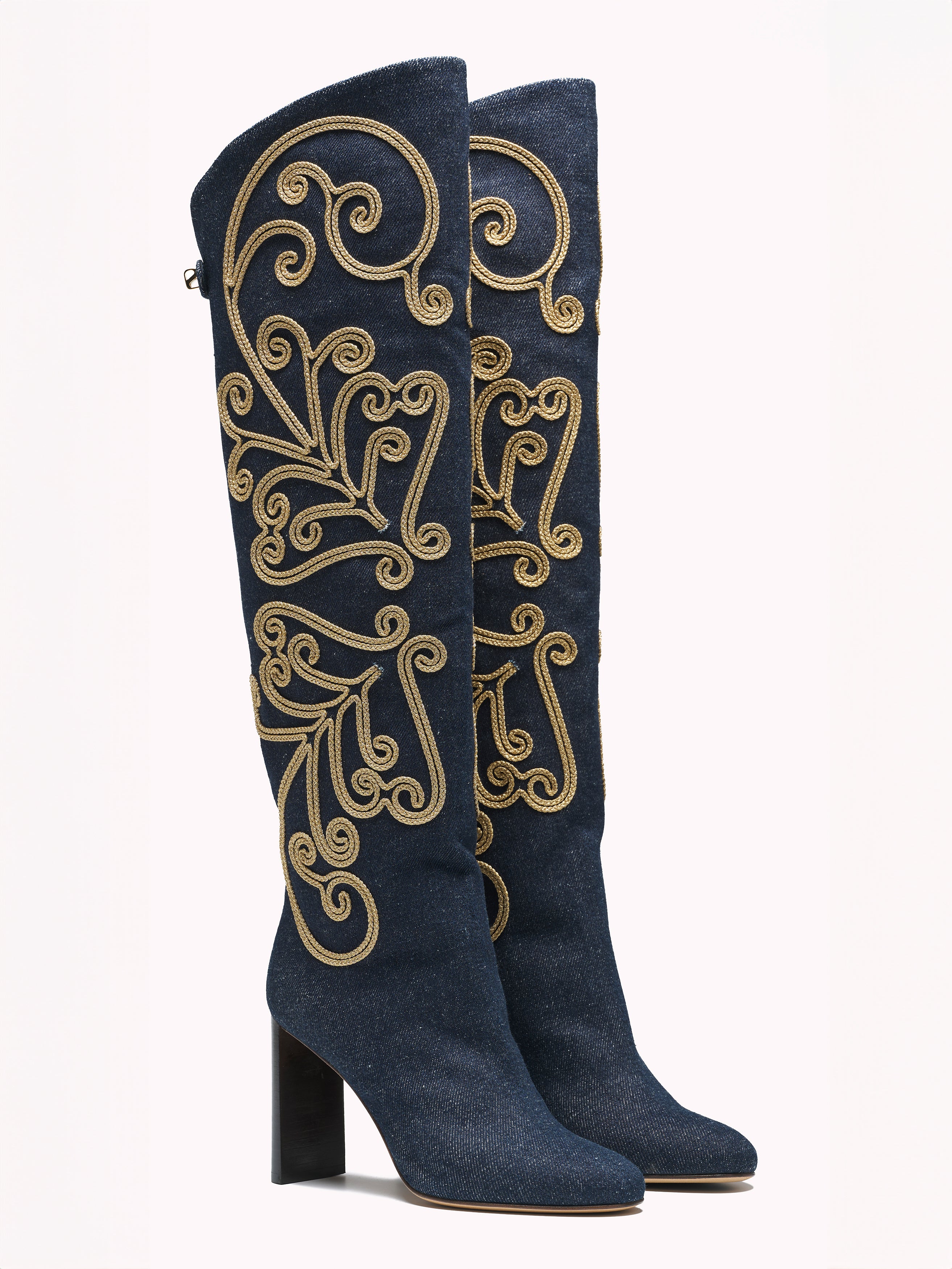 luxury high blue denim boots with high heels for women maison skorpios by adriana abascal Emmanuel de savoie 
