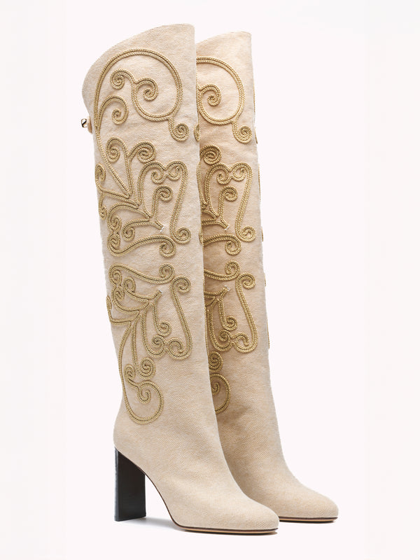 designer boots for women in beige canvas with comfortable high heels skorpios