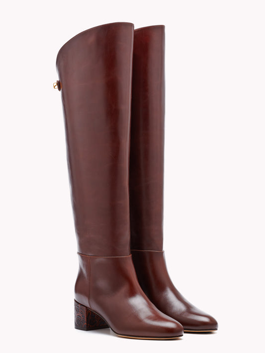 Designer floral mid heel boots in luxury brown leather by Adriana Abascal Emanuele di Savoia 
