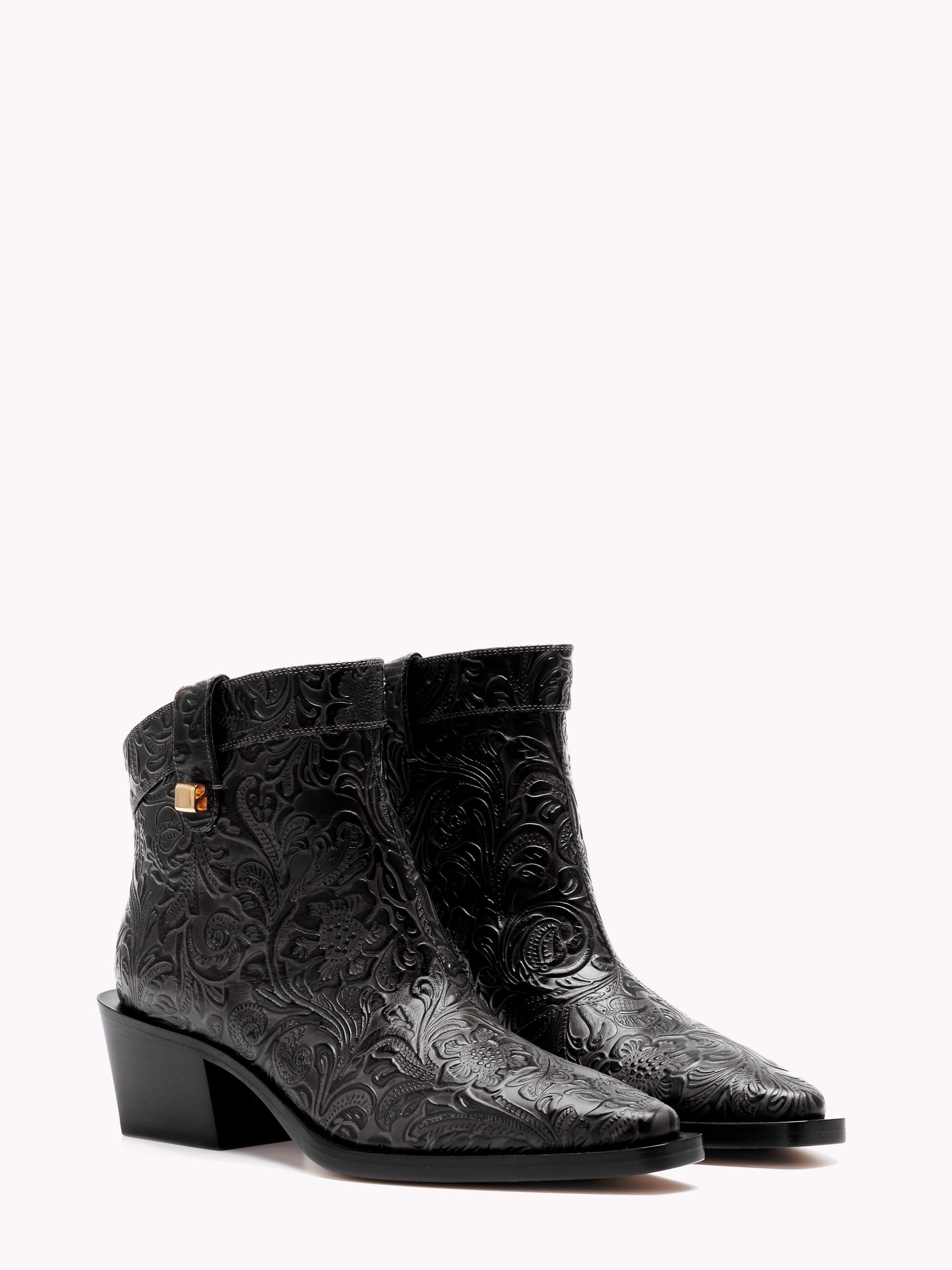 Luxury ankle boots in black embossed leather made in Italy by Adriana Abascal Emanuele filiberto