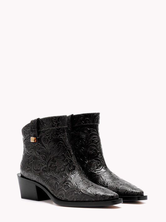 Luxury ankle boots in black embossed leather made in Italy by Adriana Abascal Emanuele filiberto