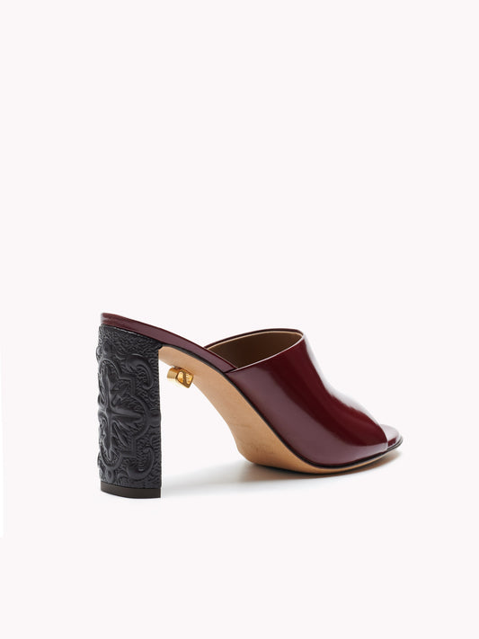 Luxury patent leather burgundy mules with original embossed high heels Maison Skorpios by Adriana Abascal