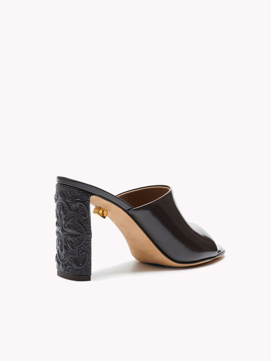 Patent brown leather mules with high heels embossed leather Maison Skorpios by Adriana Abascal