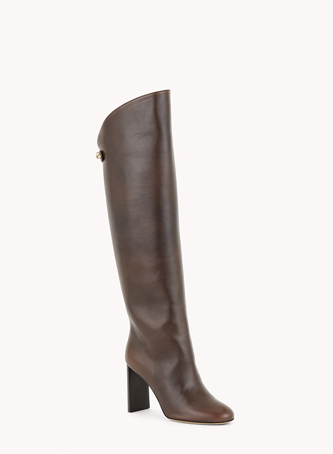 luxury high leather brown chocolate boots with high heels skorpios