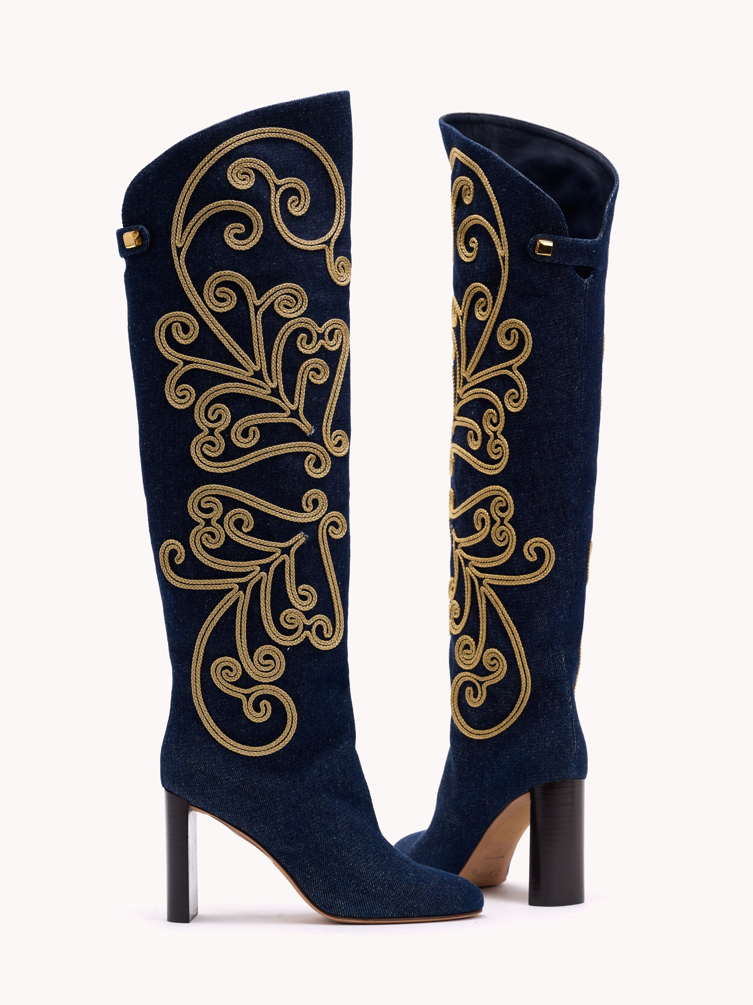 sophisticated high blue denim boots high heels for women made in Italy maison skorpios by adriana abascal Emmanuel de savoie 