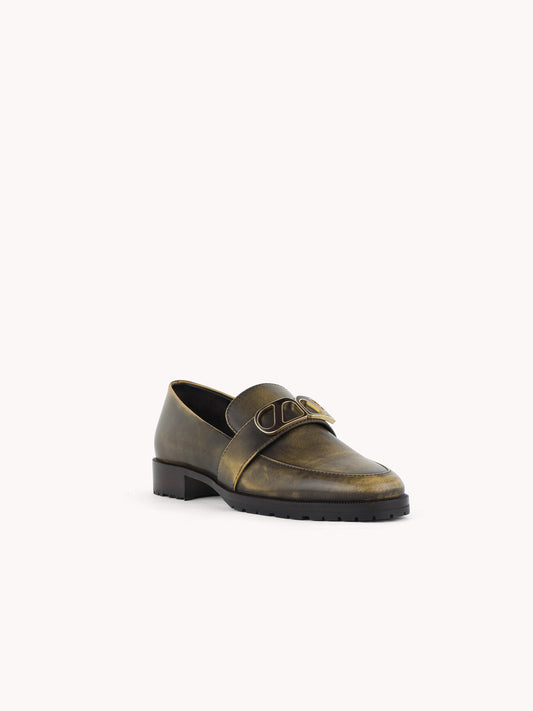 golden brown stylish androgynous loafers brushed leather skorpios
