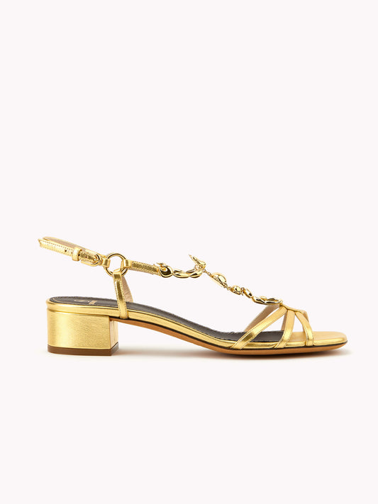metallic gold leather sandals scorpio adjustable ankle strap low block heel maison skorpios by adriana abascal Emanuele filiberto