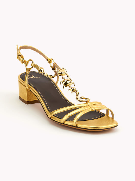 scorpio metallic gold leather sandals adjustable ankle strap low-block heel maison skorpios by adriana abascal Emanuele filiberto