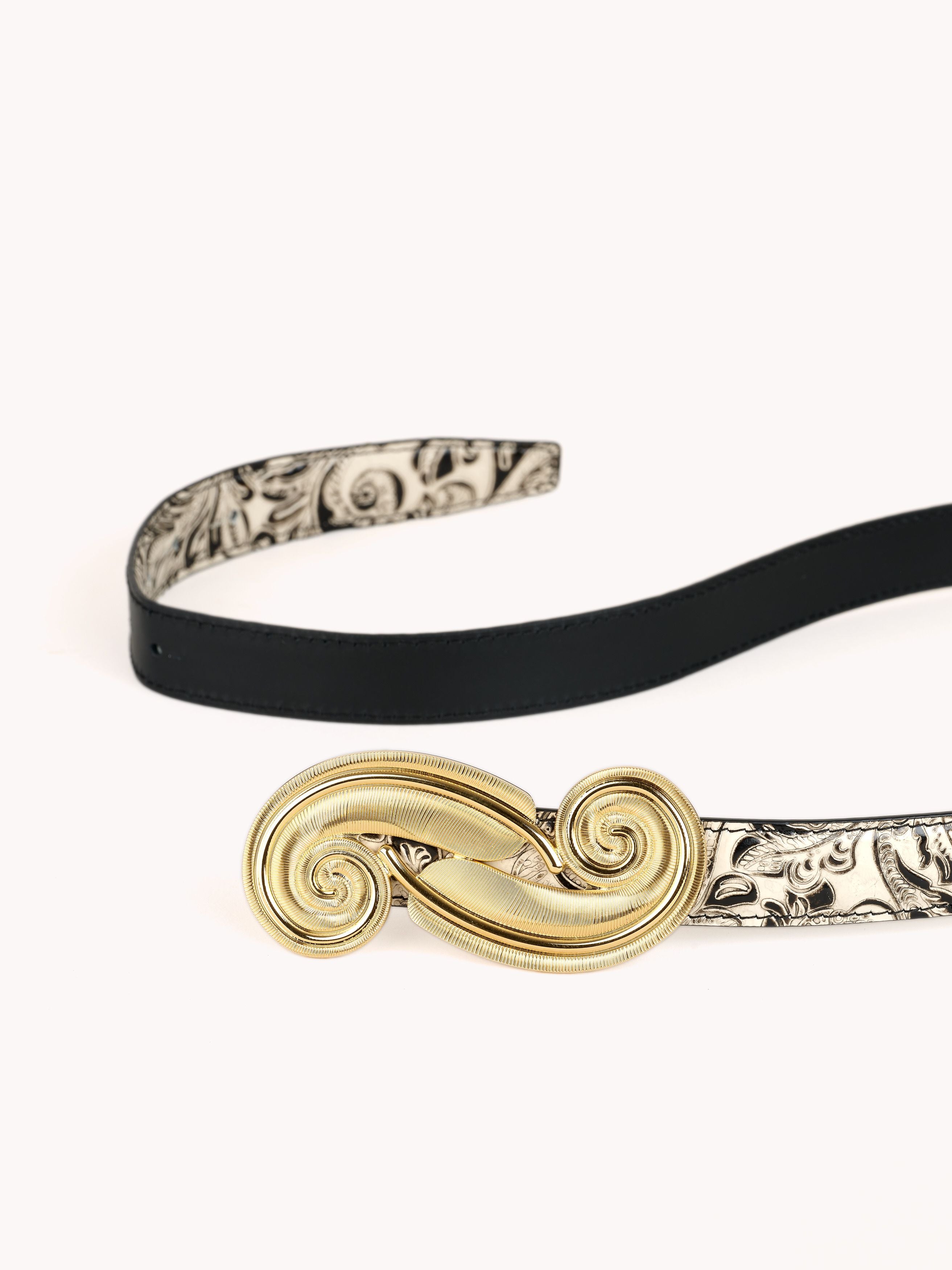 Feather Belt in black and white floral embossed leather Charro Borgia