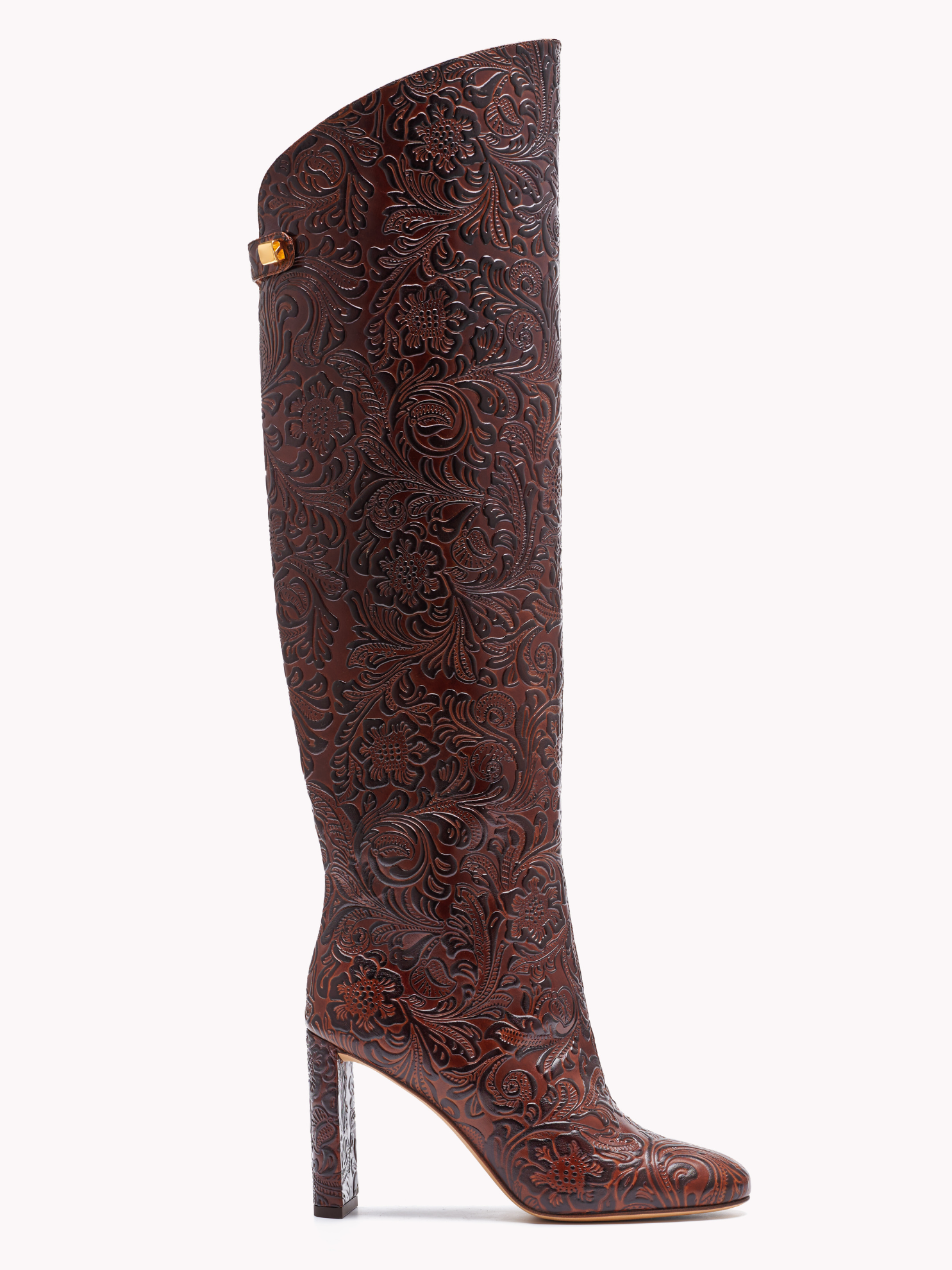 Bottes Adriana Borgia en cuir embossé floral marron pécan et talon haut - Maison Skorpios par Adriana Abascal