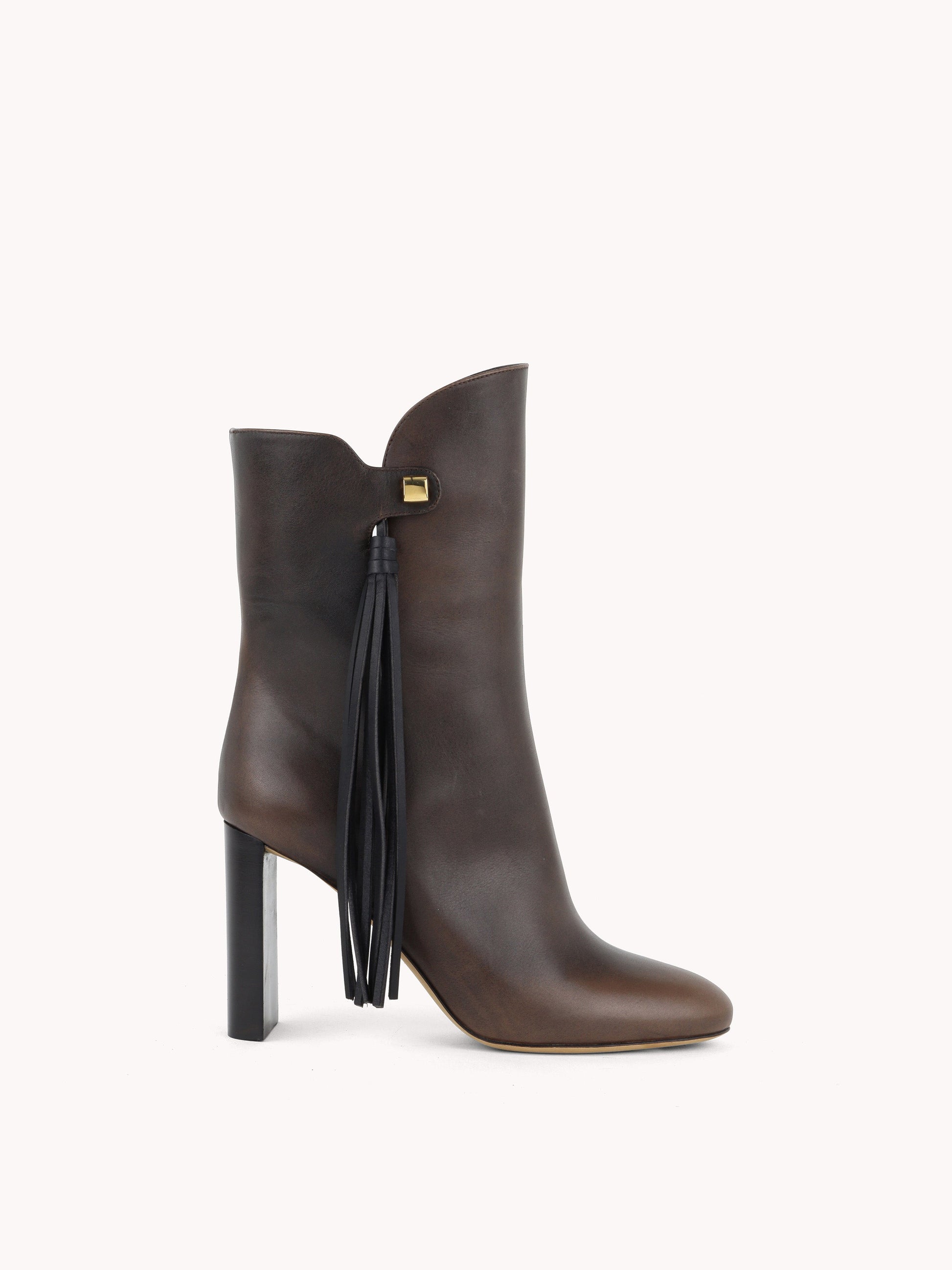 high-heel brown chocolate ankle boots with a strap skorpios