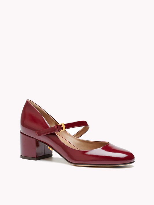 Babies Jane en cuir bordeaux et talon bloc moyen - Maison Skorpios par Adriana Abascal