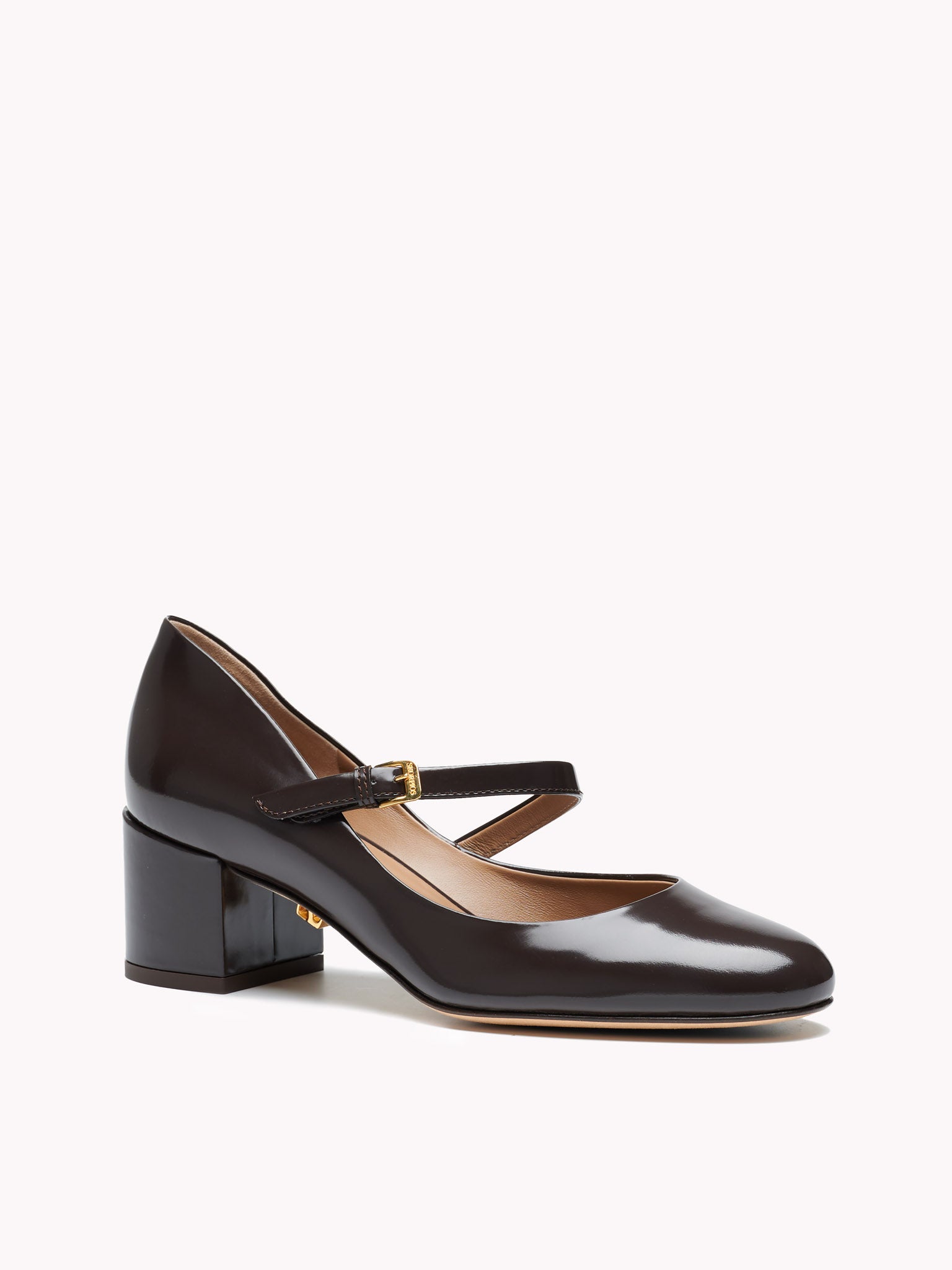Brown mary jane for women made in glossy leather. Maison Skorpios by Adriana Abascal filiberto di savoia