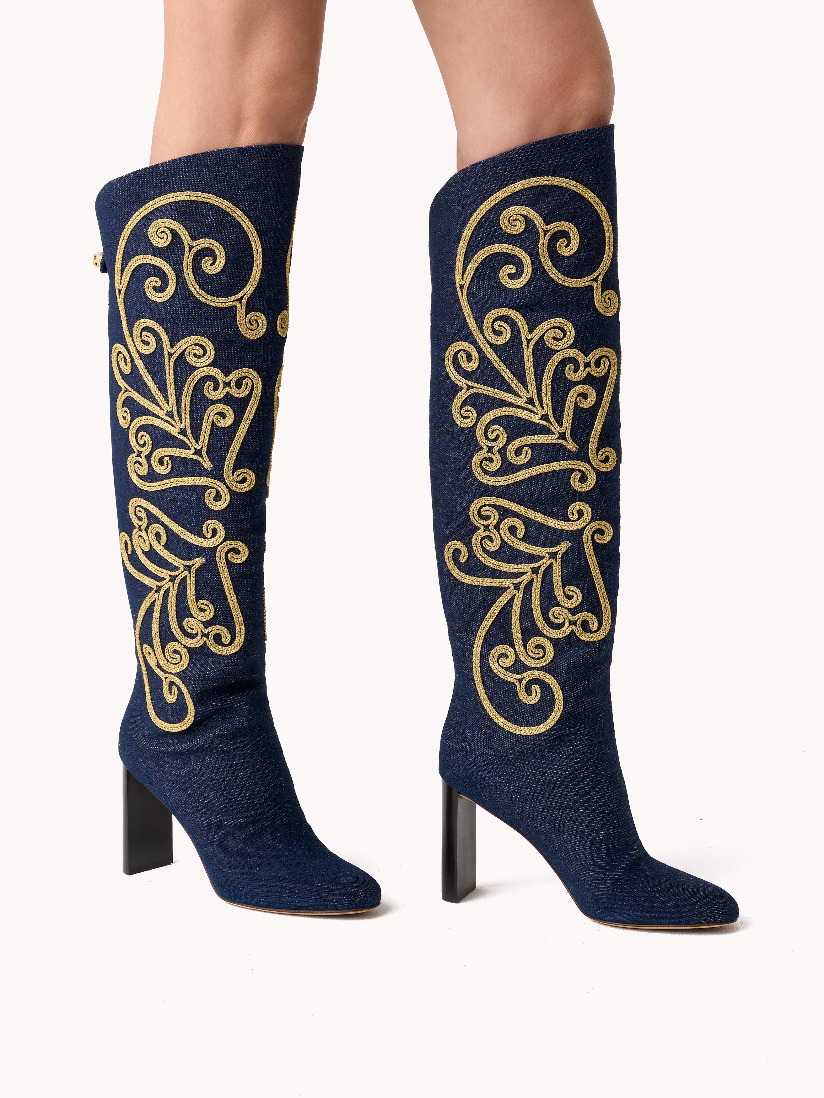 luxury high blue denim designer boots with high heels for women made in Italy maison skorpios by adriana abascal Emmanuel de savoie 