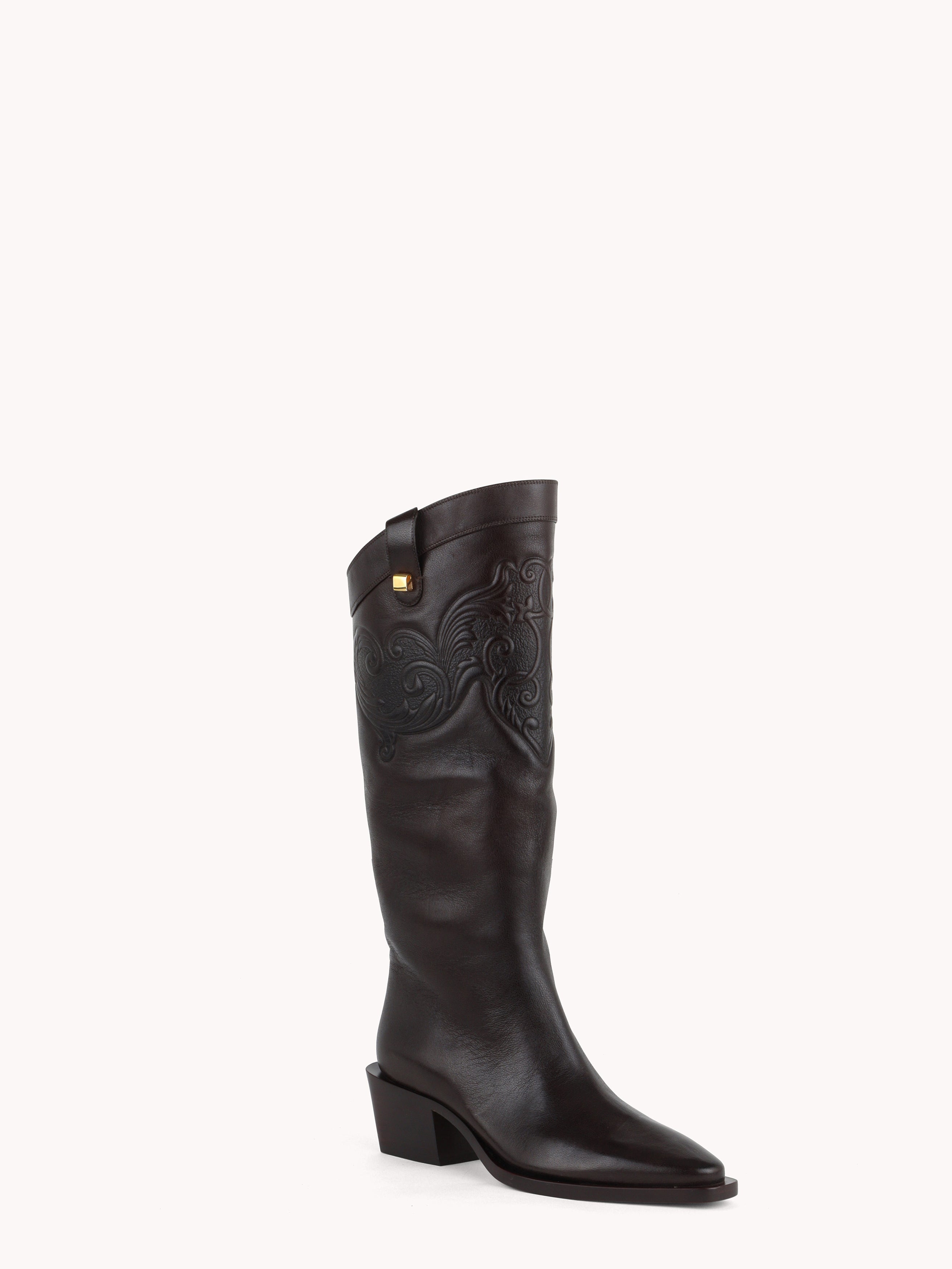 Luxury western boots in brown leather with bloc heel Maison Skorpios by Adriana Abascal Emanuele filiberto
