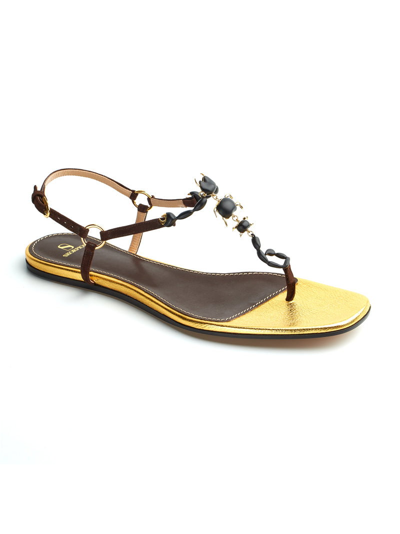Luxury flat sandal with brown suede and gold leather maison skorpios by adriana abascal emanuele filiberto di Savoia 