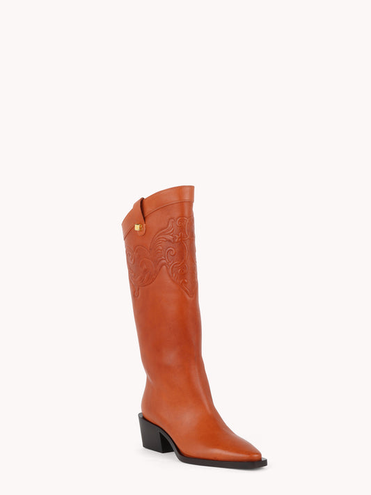 Chestnut brown nappa embossed leather elegant santiag boots Maison Skorpios by Adriana Abascal Emanuele filiberto